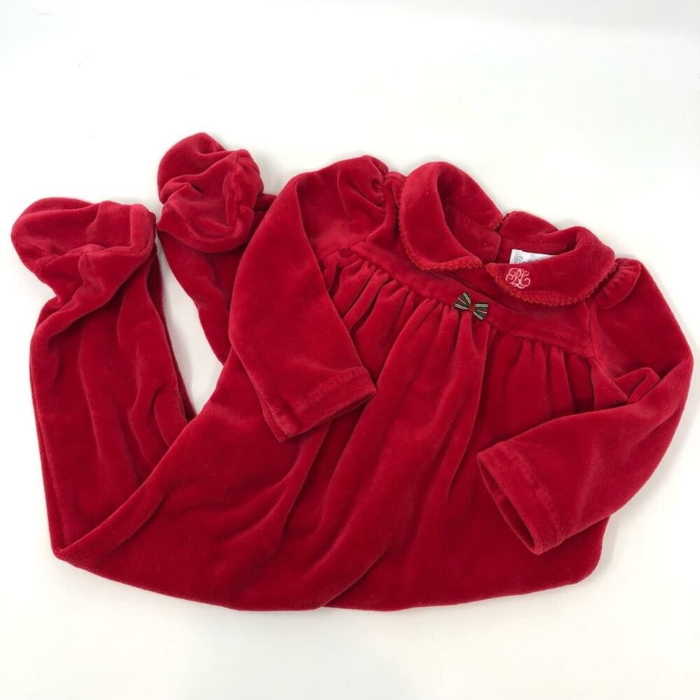 Ralph Lauren Velvet One Piece Footie Jumpsuit Size 6M Red Monogram Logo Bow